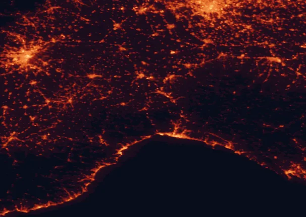Satellite night-light map of the 100 km around Capanne di Marcarolo Nature Park, with Milan, Genoa and Turin marked