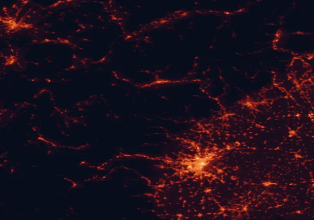 Satellite night-light map of the 100 km around Gran Paradiso National Park, with Turin, Geneva and Aosta marked
