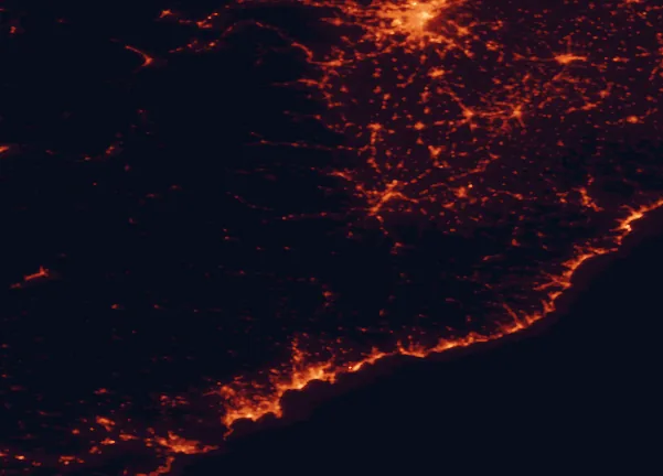 Satellite night-light map of the 100 km around Maritime Alps Nature Park, with Turin, Nice and Cuneo marked