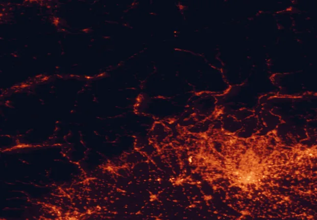 Satellite night-light map of the 100 km around Val Grande National Park, with Milan, Varese and Monza marked