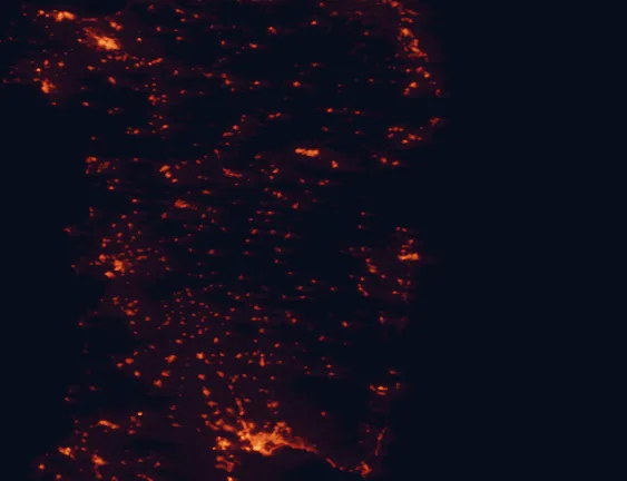 Satellite night-light map of the 100 km around Gennargentu National Park, with Cagliari, Sassari and Quartu Sant'Elena marked