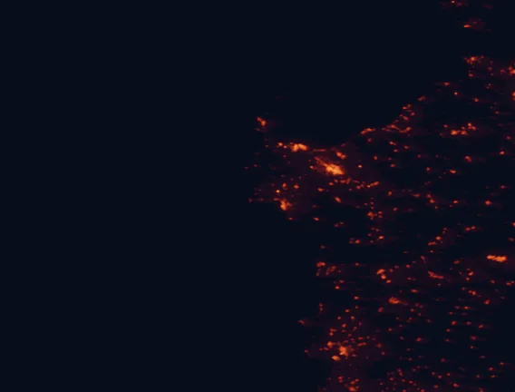 Satellite night-light map of the 100 km around Porto Conte Regional Natural Park, with Sassari, Alghero and Porto Torres marked