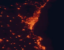 Satellite night-light map of the 50 km around Catania, with Misterbianco, Siracusa and Acireale marked