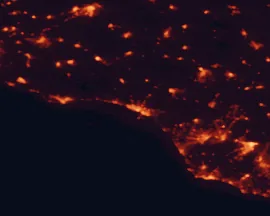 Satellite night-light map of the 50 km around Gela, with Ragusa, Vittoria and Caltanissetta marked