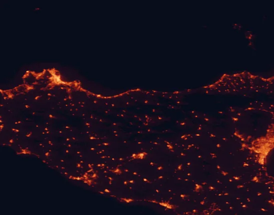 Satellite night-light map of the 100 km around Madonie Regional Natural Park, with Palermo, Catania and Caltanissetta marked