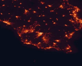 Satellite night-light map of the 50 km around Ragusa, with Modica, Vittoria and Gela marked