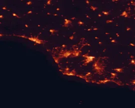Satellite night-light map of the 50 km around Vittoria, with Ragusa, Gela and Modica marked