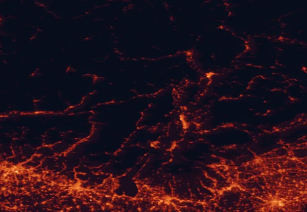 Satellite night-light map of the 100 km around Adamello Brenta Nature Park, with Trento, Verona and Brescia marked