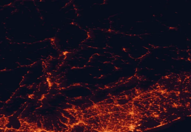 Satellite night-light map of the 100 km around Paneveggio-Pale di San Martino Nature Park, with Bolzano, Trento and Mestre marked