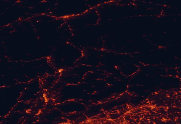 Satellite night-light map of the 100 km around Puez-Geisler Nature Park, with Bolzano, Innsbruck and Trento marked