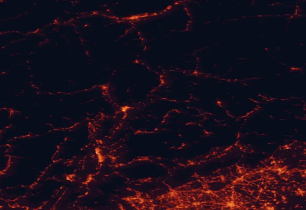Satellite night-light map of the 100 km around Schlern-Rosengarten Nature Park, with Bolzano, Trento and Innsbruck marked