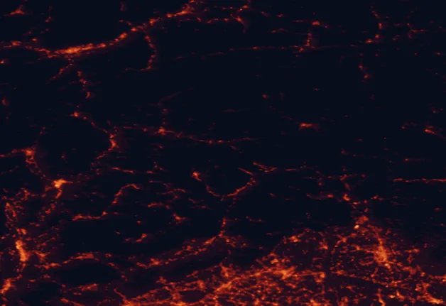 Satellite night-light map of the 100 km around Sexten Dolomites Nature Park, with Innsbruck, Bolzano and Trento marked