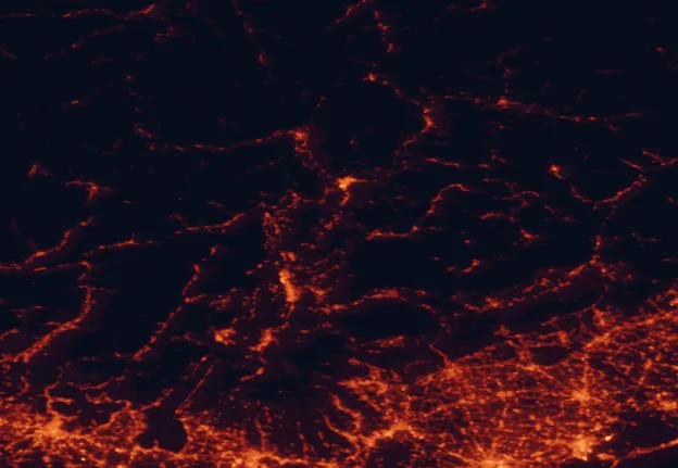 Satellite night-light map of the 100 km around Trudner Horn Nature Park, with Bolzano, Trento and Verona marked