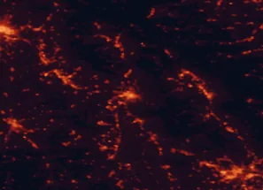 Satellite night-light map of the 50 km around Arezzo, with Perugia, Siena and Città di Castello marked