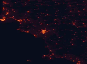 Satellite night-light map of the 50 km around Grosseto, with Follonica, Monte Argentario and Porto Santo Stefano marked