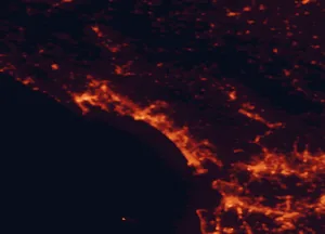 Satellite night-light map of the 50 km around Massa, with Carrara, La Spezia and Pisa marked