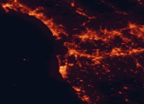 Satellite night-light map of the 50 km around Pisa, with Livorno, Lucca and Viareggio marked
