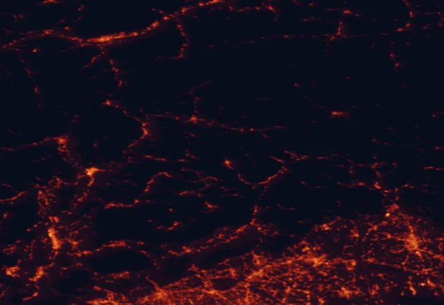 Satellite night-light map of the 100 km around Ampezzo Dolomites Nature Park, with Bolzano, Innsbruck and Trento marked