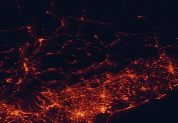 Satellite night-light map of the 100 km around Dolomiti Bellunesi National Park, with Padua, Verona and Mestre marked