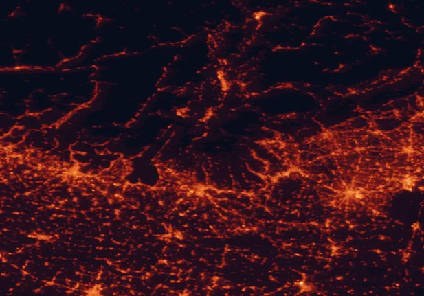 Satellite night-light map of the 100 km around Lessinia Regional Park, with Verona, Brescia and Padua marked