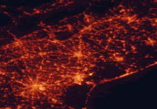 Satellite night-light map of the 50 km around Treviso, with Mestre, Padua and Venice marked