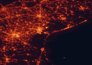 Satellite night-light map of the 50 km around Venice, with Mestre, Padua and Treviso marked