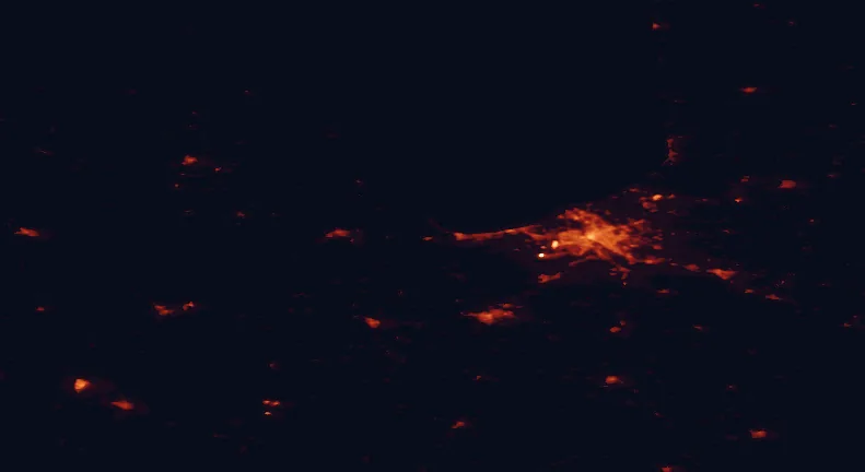 Satellite night-light map of the 100 km around Ķemeri National Park, with Riga, Jūrmala and Jelgava marked