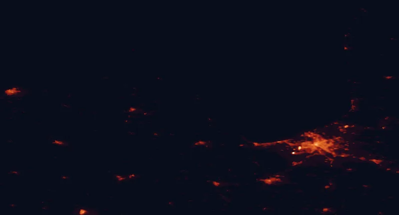 Satellite night-light map of the 100 km around Lake Engure Nature Park, with Riga, Jūrmala and Jelgava marked