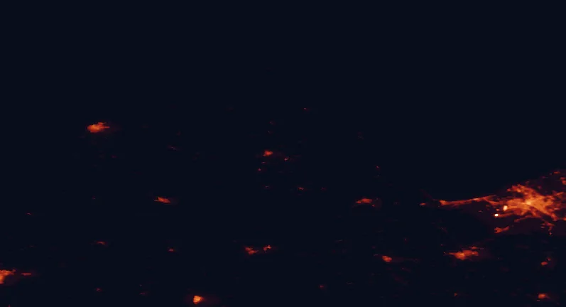 Satellite night-light map of the 100 km around Talsi Hillock Nature Park, with Riga, Jūrmala and Jelgava marked