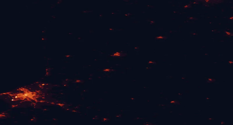 Satellite night-light map of the 100 km around Gauja National Park, with Riga, Valmiera and Cēsis marked