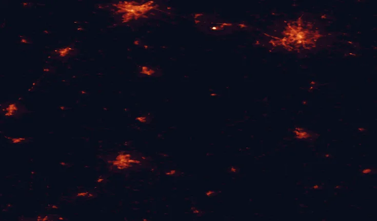 Satellite night-light map of the 100 km around Dzūkija National Park, with Vilnius, Hrodna and Kaunas marked
