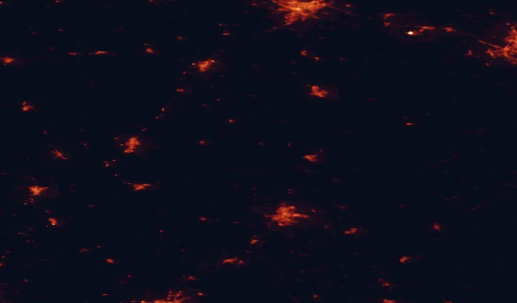 Satellite night-light map of the 100 km around Veisiejai Regional Park, with Hrodna, Kaunas and Suwałki marked
