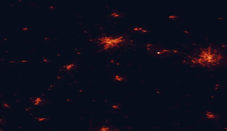 Satellite night-light map of the 100 km around Nemunas Loops Regional Park, with Kaunas, Vilnius and Alytus marked