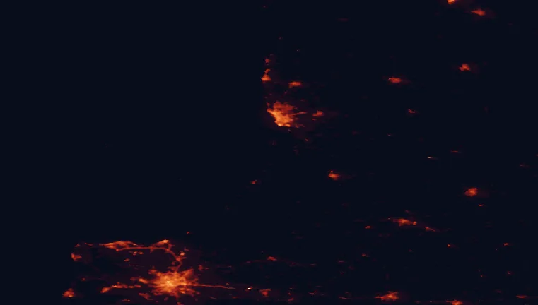 Satellite night-light map of the 100 km around Curonian Spit National Park, with Kaliningrad, Klaipėda and Sovetsk marked