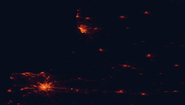 Satellite night-light map of the 100 km around Nemunas Delta Regional Park, with Kaliningrad, Klaipėda and Sovetsk marked