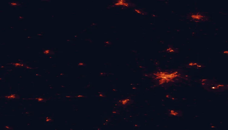 Satellite night-light map of the 100 km around Panemunė Regional Park, with Kaunas, Panevėžys and Marijampolė marked