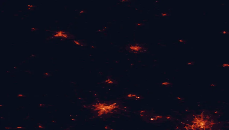 Satellite night-light map of the 100 km around Krekenava Regional Park, with Vilnius, Kaunas and Panevėžys marked