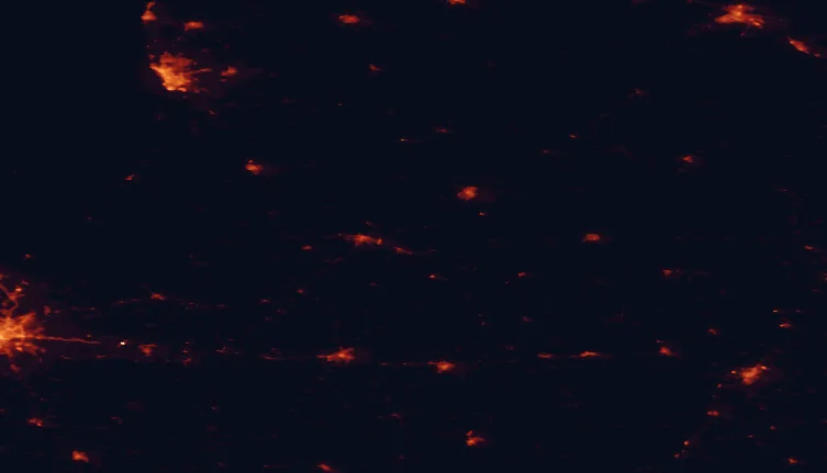 Satellite night-light map of the 100 km around Rambynas Regional Park, with Klaipėda, Sovetsk and Šiauliai marked