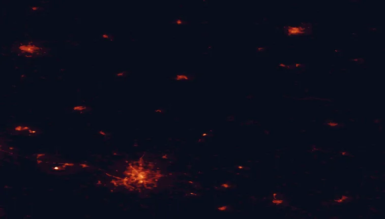 Satellite night-light map of the 100 km around Labanoras Regional Park, with Vilnius, Daugavpils and Panevėžys marked