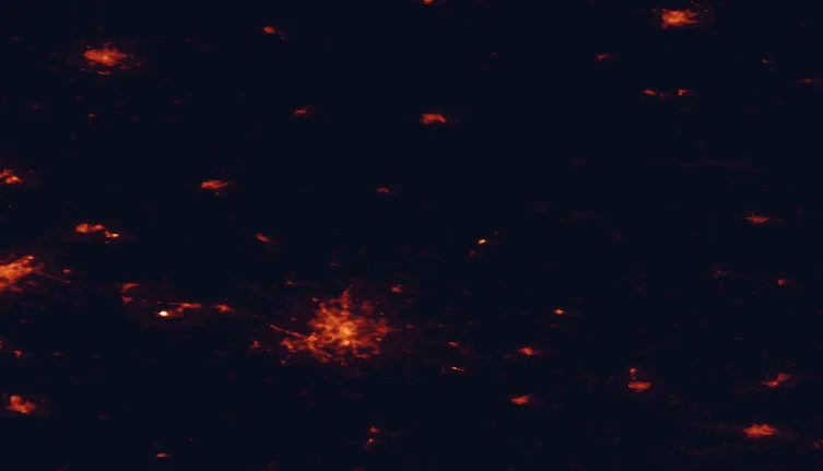 Satellite night-light map of the 100 km around Asveja Regional Park, with Vilnius, Panevėžys and Maladziečna marked