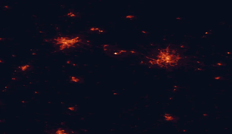 Satellite night-light map of the 100 km around Aukštadvaris Regional Park, with Vilnius, Kaunas and Lida marked