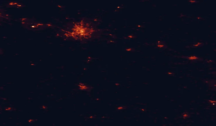 Satellite night-light map of the 100 km around Dieveniškės Historical Regional Park, with Vilnius, Lida and Maladziečna marked