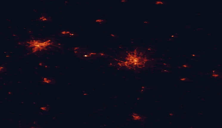 Satellite night-light map of the 100 km around Trakai Historical National Park, with Vilnius, Kaunas and Lida marked