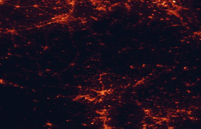Satellite night-light map of the 100 km around Our Nature Park, with Bonn, Aachen and Liège marked