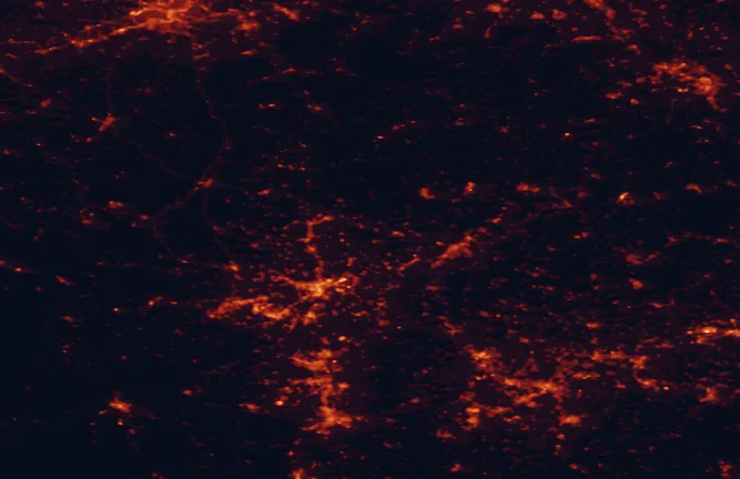 Satellite night-light map of the 100 km around Mëllerdall Nature Park, with Trier, Saarbrücken and Luxembourg marked