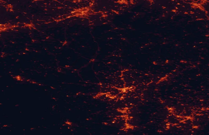 Satellite night-light map of the 100 km around Upper Sûre Natural Park, with Bonn, Liège and Saarbrücken marked