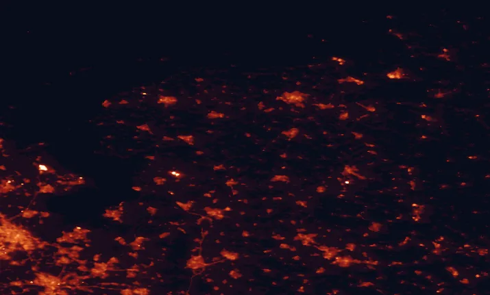 Satellite night-light map of the 100 km around Drents-Friese Wold National Park, with Amsterdam, Groningen and Utrecht marked