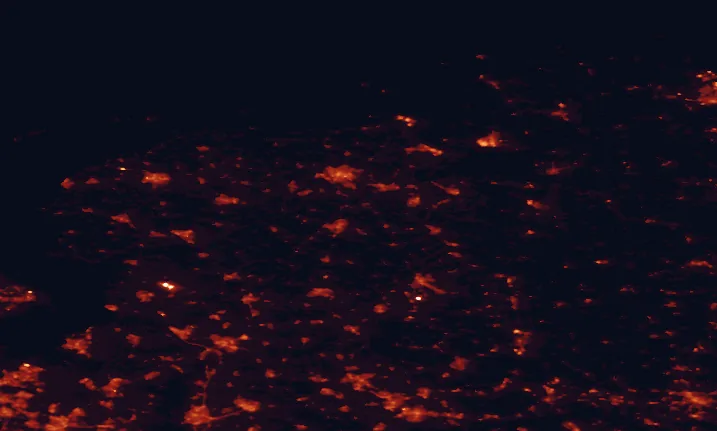 Satellite night-light map of the 100 km around Drentsche Aa National Park, with Groningen, Leeuwarden and Zwolle marked