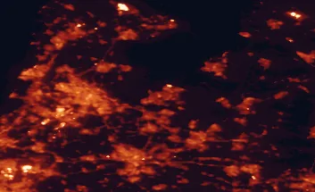Satellite night-light map of the 50 km around Almere, with Amsterdam, Utrecht and Amersfoort marked