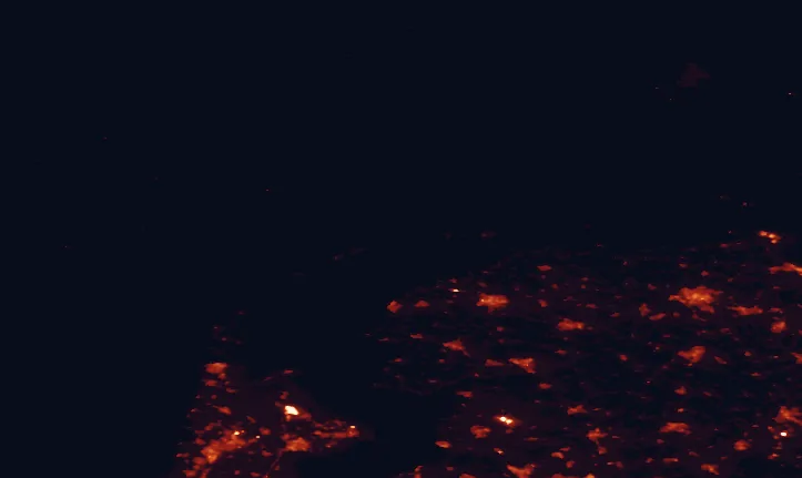Satellite night-light map of the 100 km around Boschplaat, with Groningen, Leeuwarden and Alkmaar marked